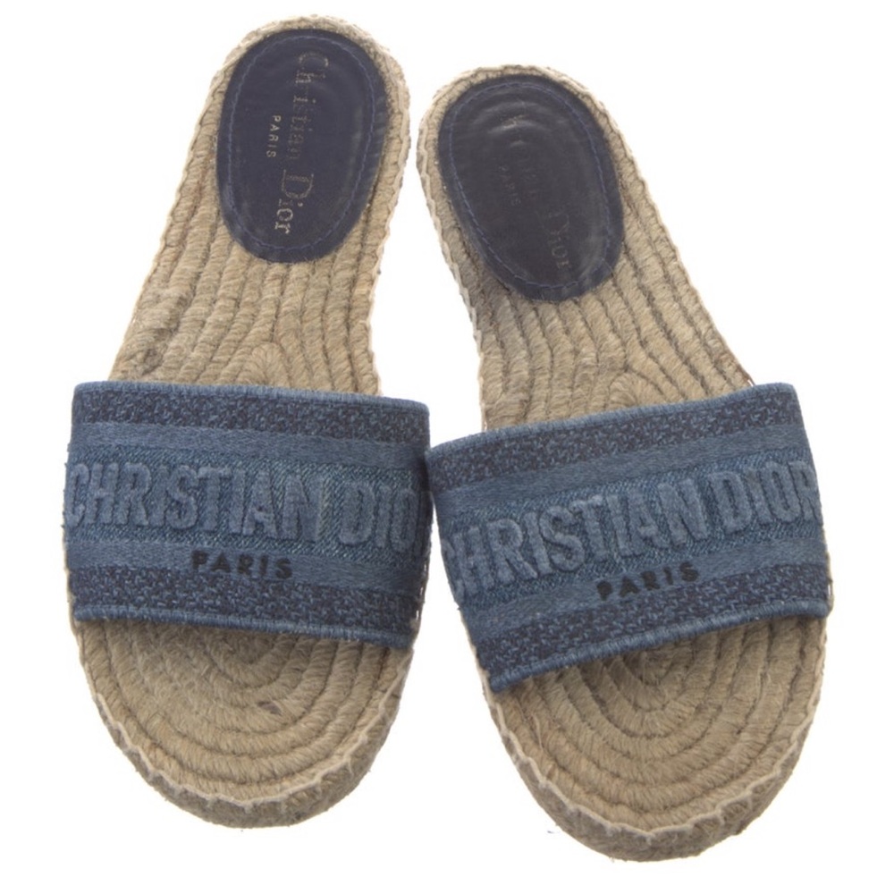 Christian Dior Denim Dway Logo Embroidered Espadrille Slides Sandals Sz 36.5